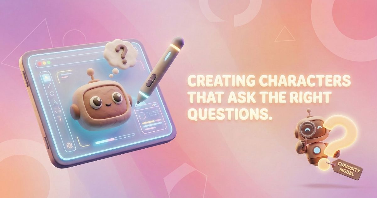 Illustration of curious children's book characters being designed behind the scenes of creating characters for kids