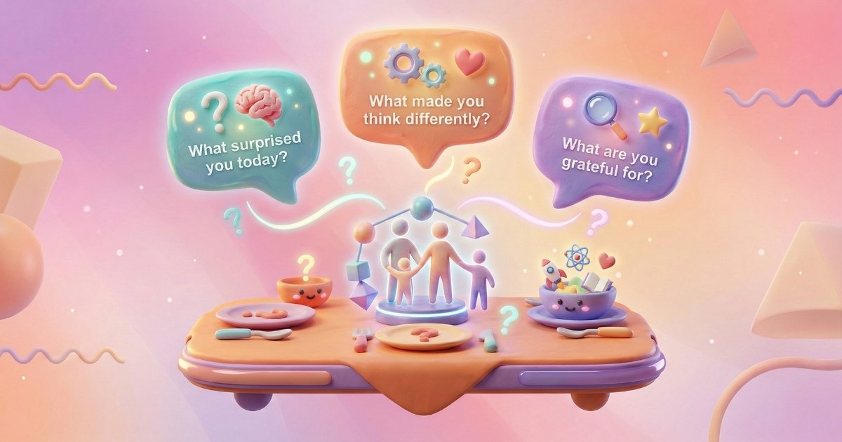 Family having a conversation at the dinner table, curiosity-sparking questions and conversation starters for kids